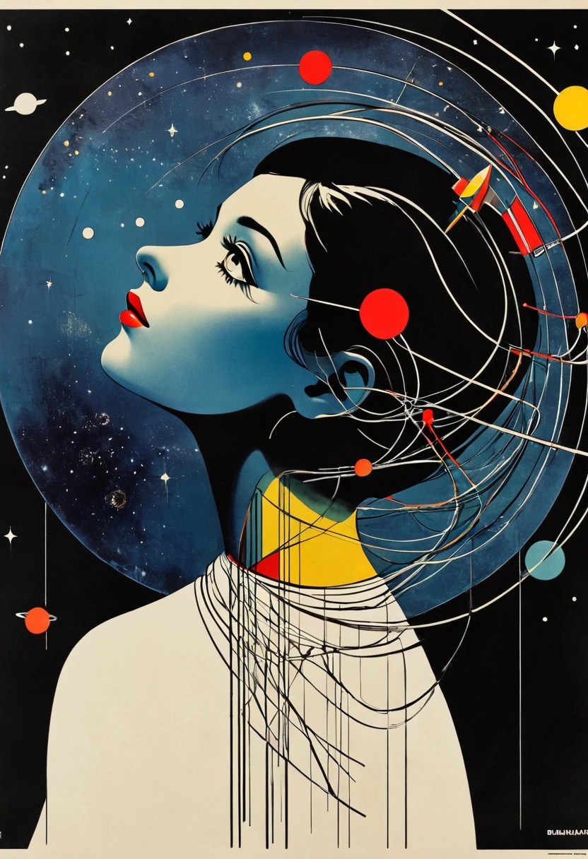 Space Thriller Poster, masterpiece, best quality, 1 Girl, (Bauhaus, shape, Wire, Abstract:1.1)