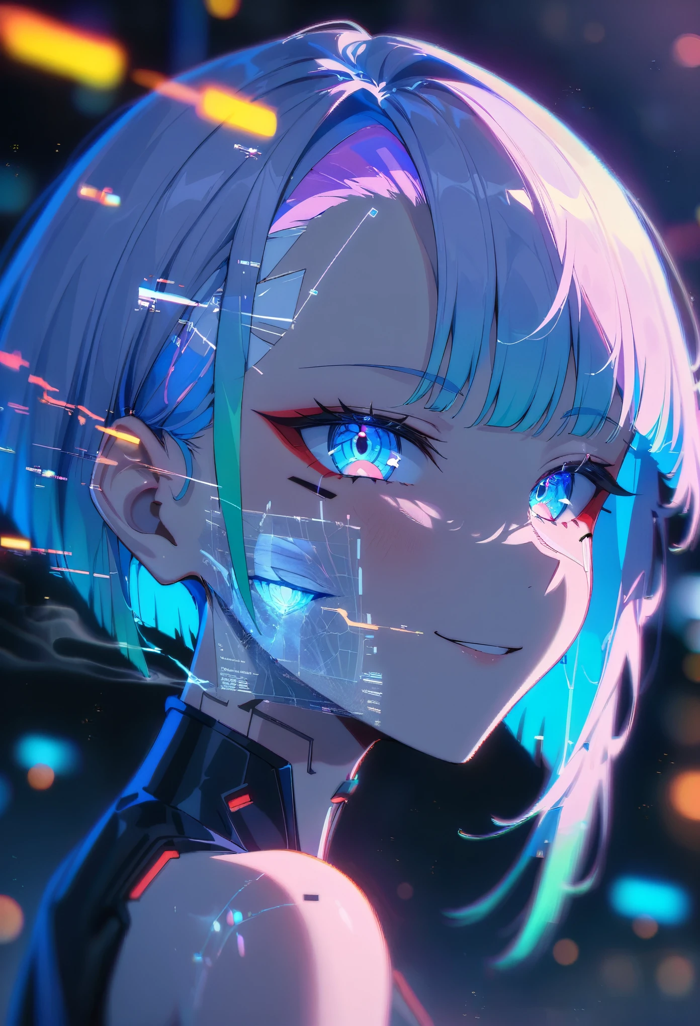 1 Girl, Solitary, Lucy \(Cyberpunk\), Cyberpunk \(series\), Asymmetrical hair, short hair, Blue Hair, Green Hair, Pink Hair, Colorful hair, blue eyes, Eyeliner, Eyeshadow, cosmetic, Bare shoulders, portrait, smokes, cigarette, smokes, smokes trail, Looking at the audience, Charming smile, Luminescence霓虹灯, Luminescence, spark, lightning, Cyberpunk, Welp, Futuristic, Hologram, glitch, Holographic face, 用户interface, interface, NODE, particle, Neon decoration, Surrealism, Depth of Field, Bokeh, masterpiece, best quality, very aesthetic, absurd,