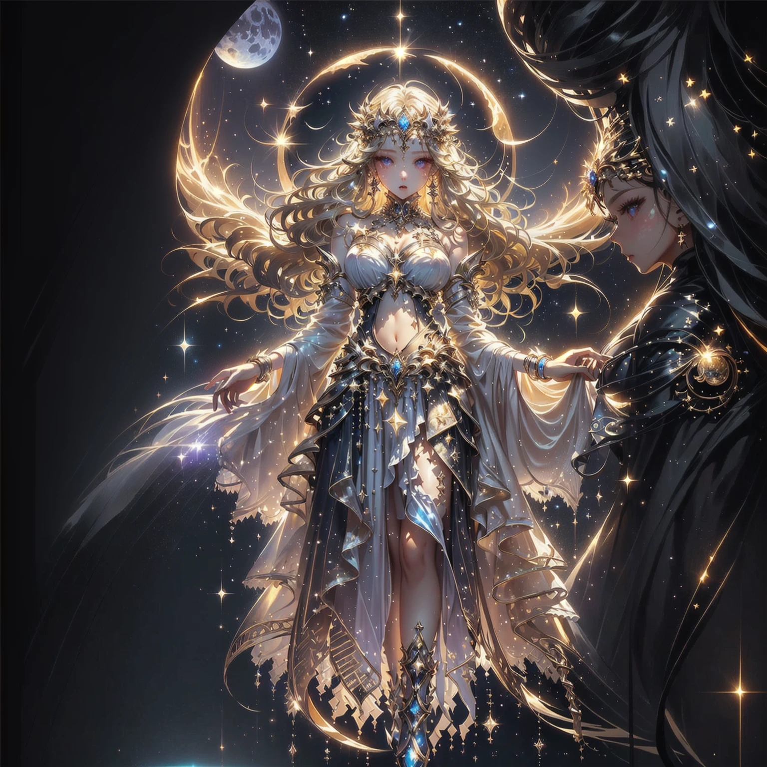 A woman in a golden dress stands in front of a starry sky., celestial goddess, beautiful heavenly mage, gorgeous goddess of leo, Argerm Julie Bell Beeple, goddess of light, moon goddess, as the goddess of the sun, Carole Bak and Peter Mohbacher, goddess. Very high detail, goddess of the sun, lunar goddess , Saw the navel. , star background , Light yellow hair , golden sparkle , purple eyes , fine white stockings