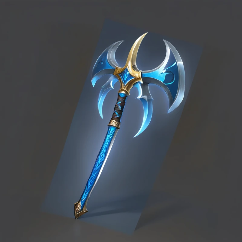 Close up of blue and gold weapons, Fantasy weapons, Tomahawk, Tomahawk, Sword weapons, Fantasy Scythe, Role Playing Game Items, The style of the Ghost Slayer Blade, Hammer Weapon, Axe element, Leviathan Axe, RPG item rendering, epic Fantasy weapons art, Fantasy RPG Weapon Art, Intricate Fantasy Spear, Fantasy Blade