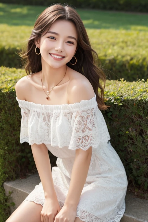 ((Highest quality)), ((masterpiece)), (detailed), One girl, Off-the-shoulder dress,Childish smile、Simple Necklace 、top of the hill