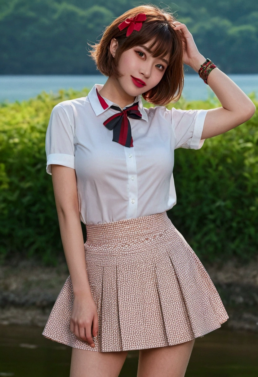 nsfw, 8K raw photo, Best quality, masterpiece, ultra high res, film grain, filmg, 1girl, looking at viewer, natural skin texture, realistic eye and face details, full lips, lipstick, (makeup), red eyeshadow, fluffy short hair, messy hair, smile, close mouth, beautiful legs, tall female, skinny, slim_legs, solo, enormous breast, cleavage, Pose with buttocks facing you, ultra short skirt, ass, shirt, beautiful nature location, around flower location, (detailed background), plaid skirt, white shirt, enormous breast, cleavage, Show a little cleavage through the shirt, loafers, blurry background, blurry, holding, plaid, short sleeves, jk ribbon on the neck, jk ribbon, brown hair, bracelet, water, bangs, , jewelry, parted lips, lips, from side, pleated skirt, depth of field