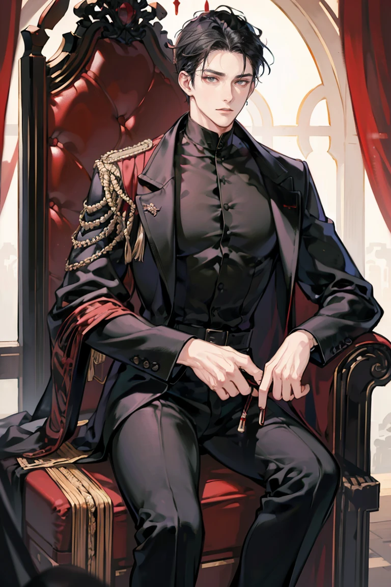anime - (masterpiece), best quality, seductive eyes, mature face, black eyes, long slicked back black haircut, plain black polo, red coat, black pants, tall man, long legs, masculine, massive body, adult-like, full body, adult king, he's sitting on a red throne with a crown on the handle of the throne