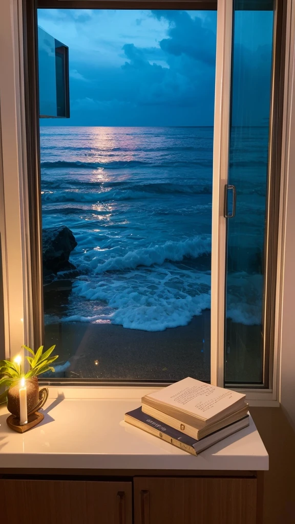 Rainy scenery seen from a tropical window　Beach view from the window　Night view