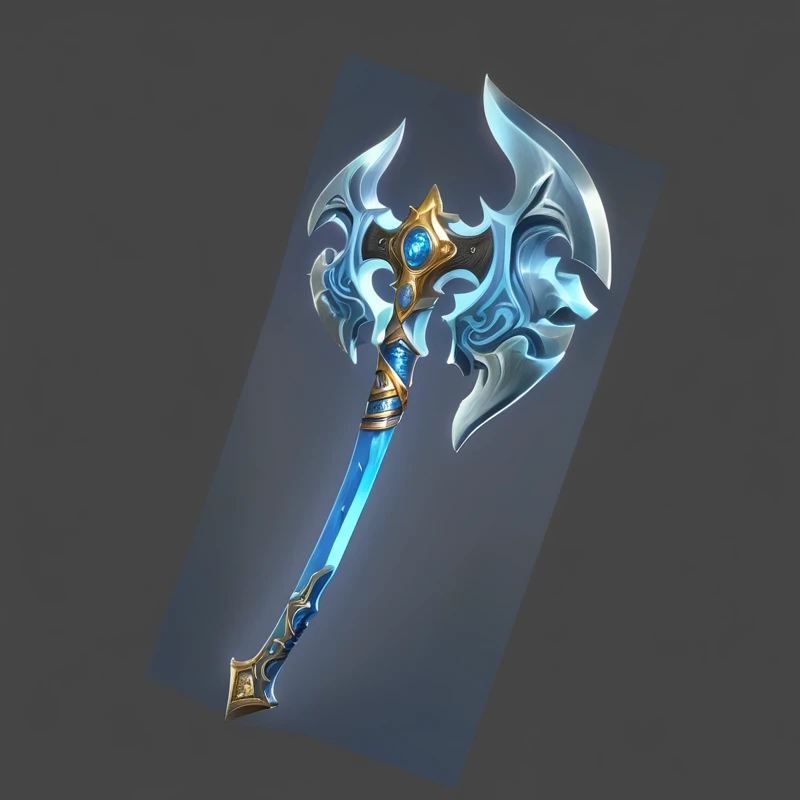 Close up of blue and gold weapons, Fantasy weapons, Tomahawk, Tomahawk, Sword weapons, Fantasy Scythe, Role Playing Game Items, The style of the Ghost Slayer Blade, Hammer Weapon, Axe element, Leviathan Axe, RPG item rendering, epic Fantasy weapons art, Fantasy RPG Weapon Art, Intricate Fantasy Spear, Fantasy Blade