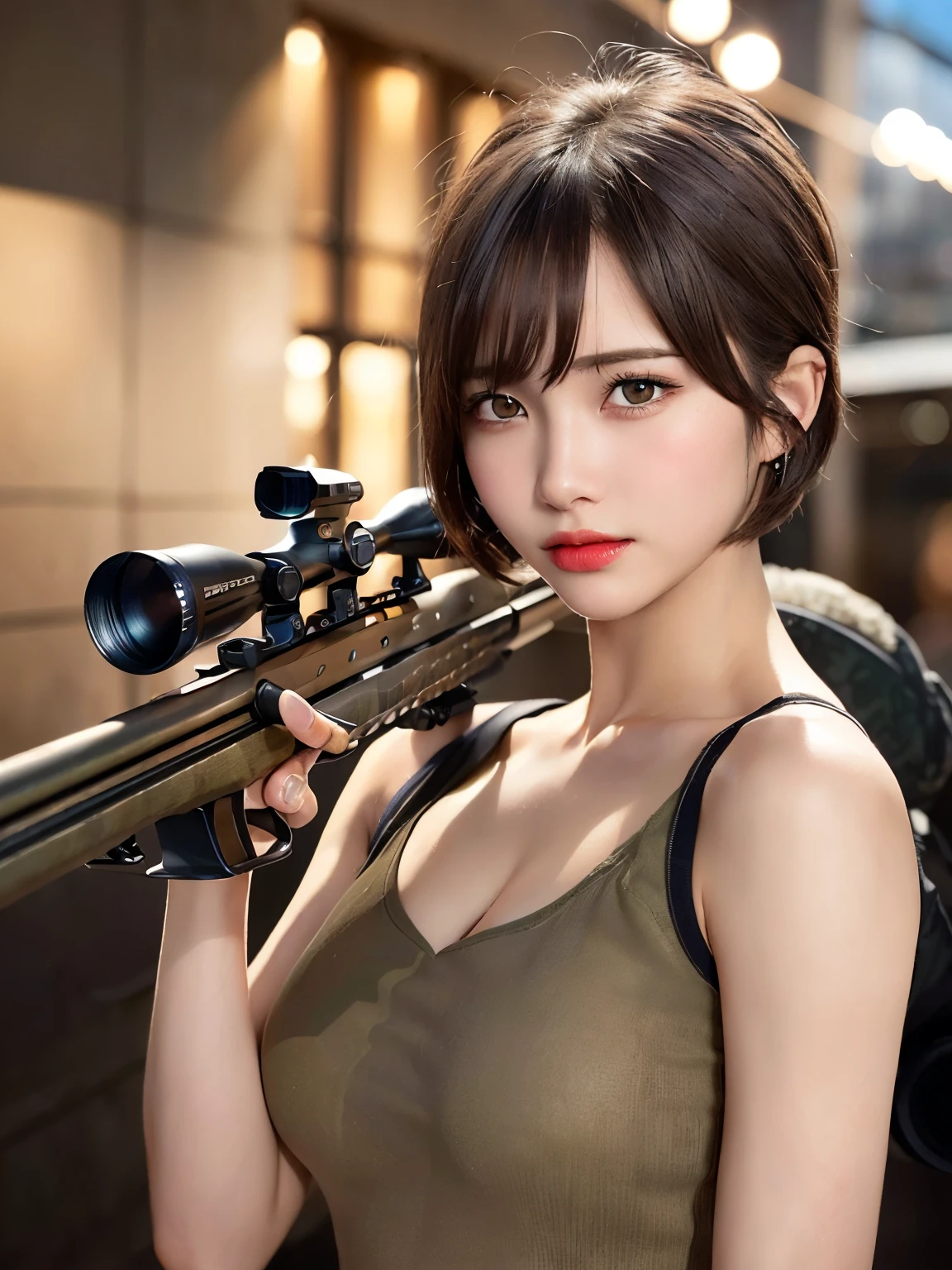 (8k), (best quality), (masterpiece:1.3), (realistic), (photorealistic:1.36), ultra-detailed, cinema lights,((Sniper:1.4)),((Sniper outlet:1.4)),((sharpshooter:1.2)),
1girl, solo, (((dark short cut hair with bangs))), (finely detailed beautiful amber eyes: 1.2), lustrous skin, show Clavicle, perfect skin, (adult face:1.2), (medium_breasts:1.3),