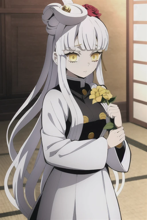 kimetsu no yaiba style, a girl with white long hair and the power of lighting. She have a white and yellow uniform, yellow eyes, and a scar on her eye, she have a katana in her hand. Entire figure. She have some ornaments and a flower on her head. She DOESN’T have bangs