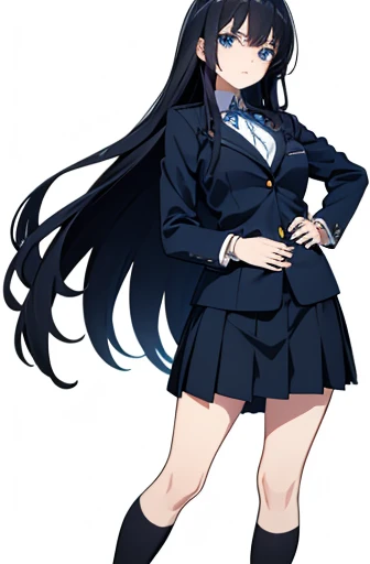 Photo from thigh to head、Front facing、Standing at the camera、One high school girl、sad look、Anxious expression、The corners of the eyebrows are lowered、Praying with hands folded、Long black hair、Straight Hair、Blue Eyes、uniform、blazer、Pleated skirt、Slender figure、White background