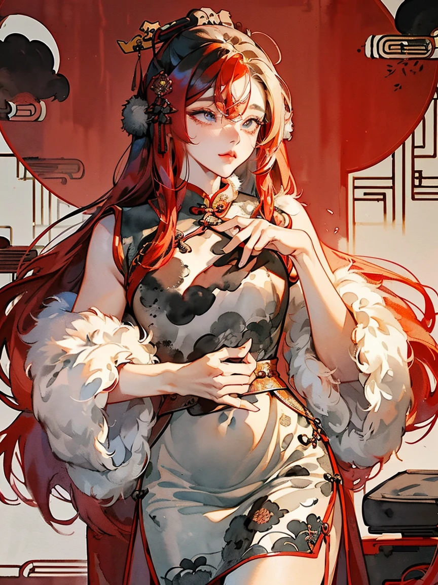(((((((Chinese Ink Painting，Watercolor，Ancient Chinese cheongsam,Wipe Chest,Face红，Fur cuffs,)))))))，((1 Girl,young,Astonishing,Clear focus,Cute girl，Solitary,))(masterpiece,best quality, Official Art, Beautiful and aesthetic:1.2),((Ultra-high resolution,Golden Ratio,)) (16K),((from above，Succubus，Full figure)),(Physically Based Rendering),Astonishing,Clear focus, (((High Detail Skin,))),Exquisitely detailed clothing，Delicate pupils,Star Student,Crimson pupils,Danfeng Eye,((((Fine hair,Long hair|Furry Cut|#1: Bold Long Side Bangs|Exquisite tailoring|Undercut)))),slim,(masterpiece侧光),(er),(Beautiful hair,漂亮的Eye,）[[Delicate fingers and hands:0.55]::0.85],(Detail fingers),((Unbelievable and ridiculous,)),((extremely_detailed_Eye_and_Face)),Movie Girl,(Dynamic Configuration: 1.2),outstanding,smooth, (Reality), The rear window lighting is backlit,Gloves, ((hairpin)), Side Rock,High boost, Double-sided fabric,(Dynamic poses),Messy hair,Ultra-precise depiction, Ultra-fine drawing,