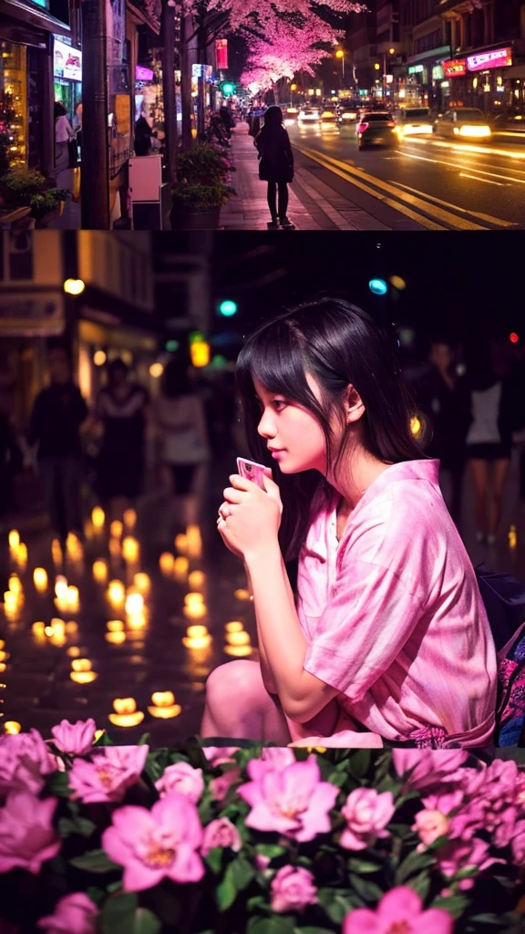 Beautiful woman, Lighted street at night, Fidgeting with smartphones, hot pants, Fragrant pink flowers, Passersby, Night view gradation, Fine details, Subtle tone, Silence on the screen.  Hitchhiking with right thumb up。It rains　