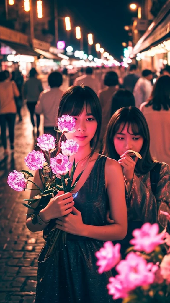Beautiful woman, Lighted street at night, Fidgeting with smartphones, hot pants, Fragrant pink flowers, Passersby, Night view gradation, Fine details, Subtle tone, Silence on the screen. Hitchhiking with right thumb up。It rains
