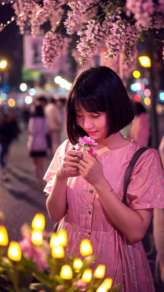 Beautiful woman, Lighted street at night, Fidgeting with smartphones, hot pants, Fragrant pink flowers, Passersby, Night view gradation, Fine details, Subtle tone, Silence on the screen. Hitchhiking with right thumb up。It rains