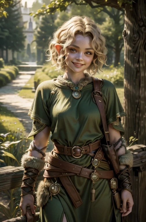 She's a half-elf, with short curly hair, cute and spritely with a twinkle in her eye and a smile on her face. 