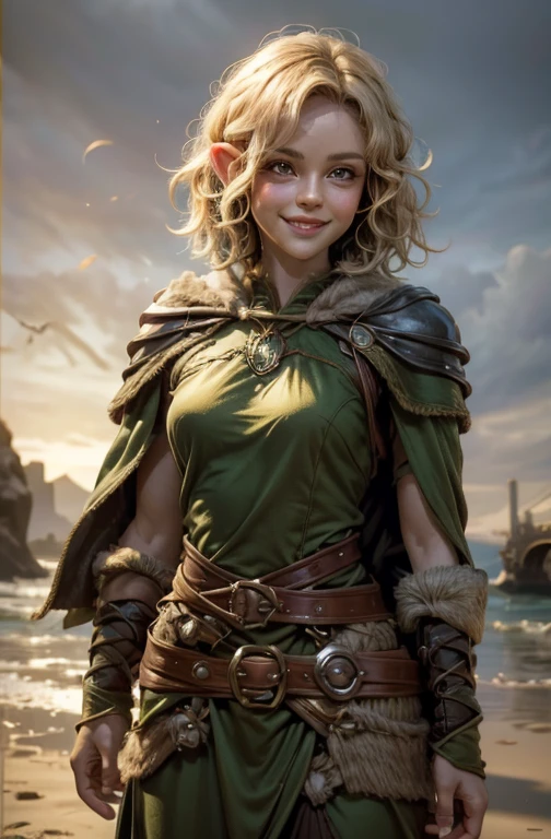 She's a half-elf, with short curly hair, cute and spritely with a twinkle in her eye and a smile on her face. 