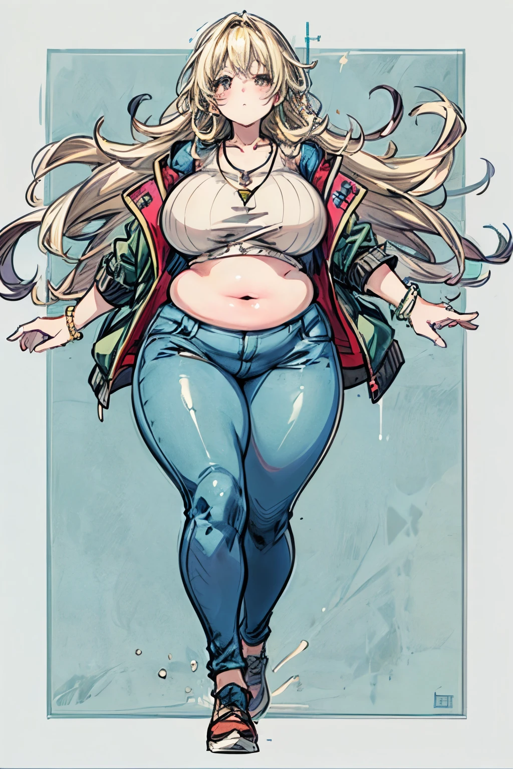 Plus size anime girl with long blonde hair making coffee in the morning. 
Beautiful plus size anime girl, fashionable overweight girl, pretty, large breasts, wide hips, big tummy, large stomach, cute stomach bump, fashion, outfit, cool pretty clothes, long hair, waist length hair, blonde hair, straight hair, stomach rolls, back rolls, fat, overweight, cute clothes with long shirt, low cut shirt, cool pants, jewlery, lots of accessories, long shirt, jacket, cool shirt, cool skirt, Accessories, necklace, jewelry, earrings, necklace, bracelet, rings, full body drawing, drawing from a distance 