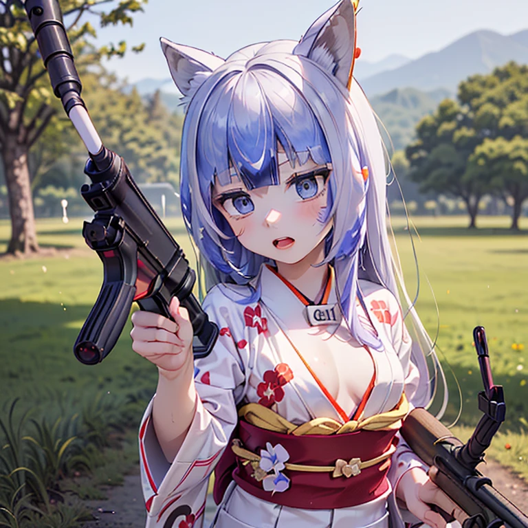 (Fox Girl, Fox Ears, Silver Hair, Fox Makeup, One Girl, Long Hair:1.6), (kimono, Kimono with open chest, A beautiful kimono with red and black patterns, I can see her cleavage, Open chest, Skin is visible:1.8), (Body measurements are 75-60-75!, Young girl body, Small breasts, Small breasts, Emphasize the chest, Prone, Ready your gun?, Take aim, Colt M16A2 rifle:1.9), Avatar, face, lewd face, Dominant representation, naughty face, Uplifting, Skin Texture, outside, Grassy field