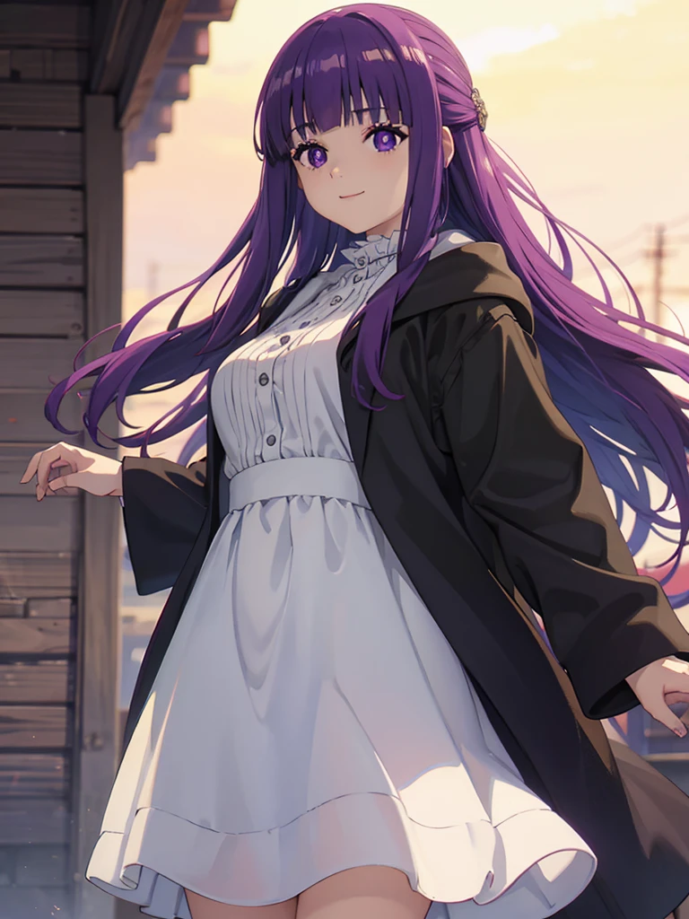 è²ä¼¦,1girl,solo,purple hair,long hair,purple eyes,blunt bangs,sidelocks,half updo,bright pupils, hair ornament,frilled collar,black robe,white dress,center frills,buttons,wide sleeves,long sleeves,curvy,cowboy shot,brown coat,from side,smile,, Exquisite visuals, high-definition,masterpiece,best quality,, 20yo,Young female,Beautiful Finger,Beautiful long legs,Beautiful body,Beautiful Nose,Beautiful character design, perfect eyes, perfect face,expressive eyes, looking at viewer, official art,extremely detailed CG unity 8k wallpaper, perfect lighting,Colorful, Bright_Front_face_Lighting,shiny skin, (masterpiece:1.0),(best_quality:1.0), ultra high res,4K,ultra-detailed, photography, 8K, HDR, highres, absurdres:1.2, Kodak portra 400, film grain, blurry background, bokeh:1.2, lens flare, (vibrant_color:1.2), (beautiful_face:1.5),(narrow_waist),