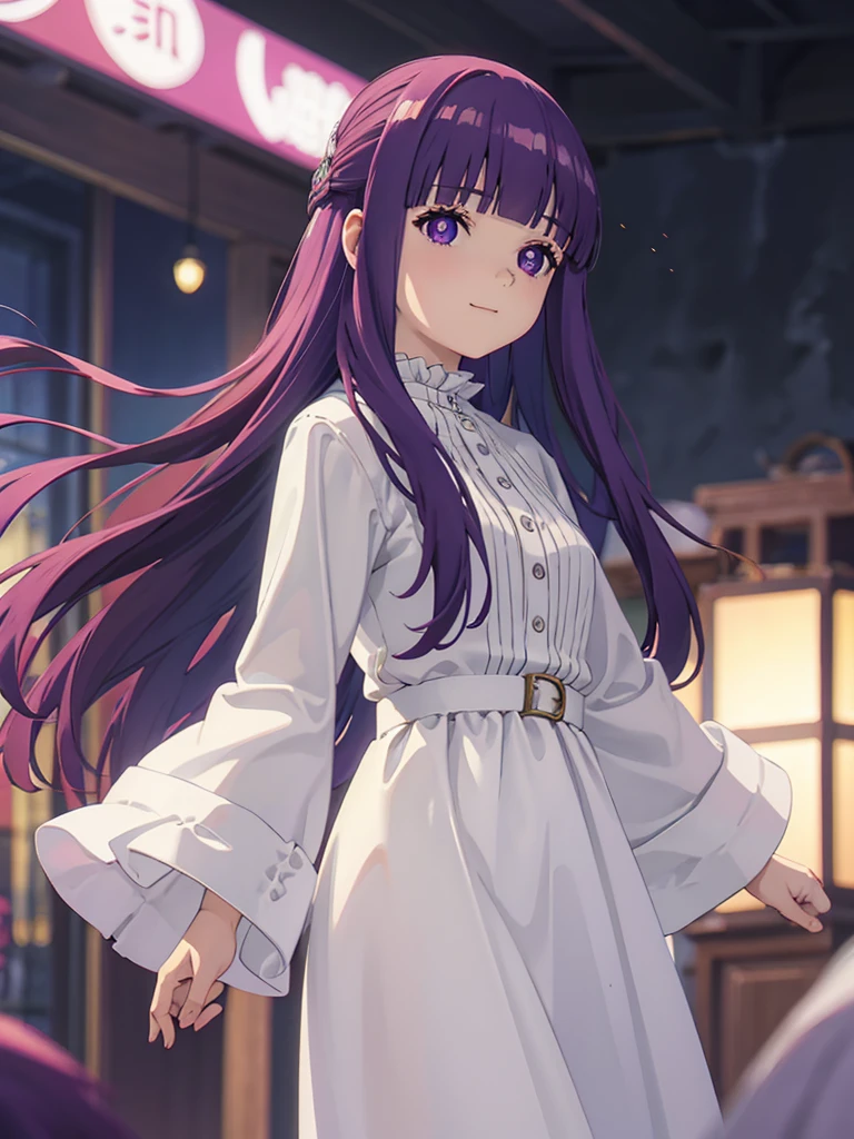 è²ä¼¦,1girl,solo,purple hair,long hair,purple eyes,blunt bangs,sidelocks,half updo,bright pupils, hair ornament,frilled collar,black robe,white dress,center frills,buttons,wide sleeves,long sleeves,curvy,cowboy shot,brown coat,from side,smile,, Exquisite visuals, high-definition,masterpiece,best quality,, 20yo,Young female,Beautiful Finger,Beautiful long legs,Beautiful body,Beautiful Nose,Beautiful character design, perfect eyes, perfect face,expressive eyes, looking at viewer, official art,extremely detailed CG unity 8k wallpaper, perfect lighting,Colorful, Bright_Front_face_Lighting,shiny skin, (masterpiece:1.0),(best_quality:1.0), ultra high res,4K,ultra-detailed, photography, 8K, HDR, highres, absurdres:1.2, Kodak portra 400, film grain, blurry background, bokeh:1.2, lens flare, (vibrant_color:1.2), (beautiful_face:1.5),(narrow_waist),