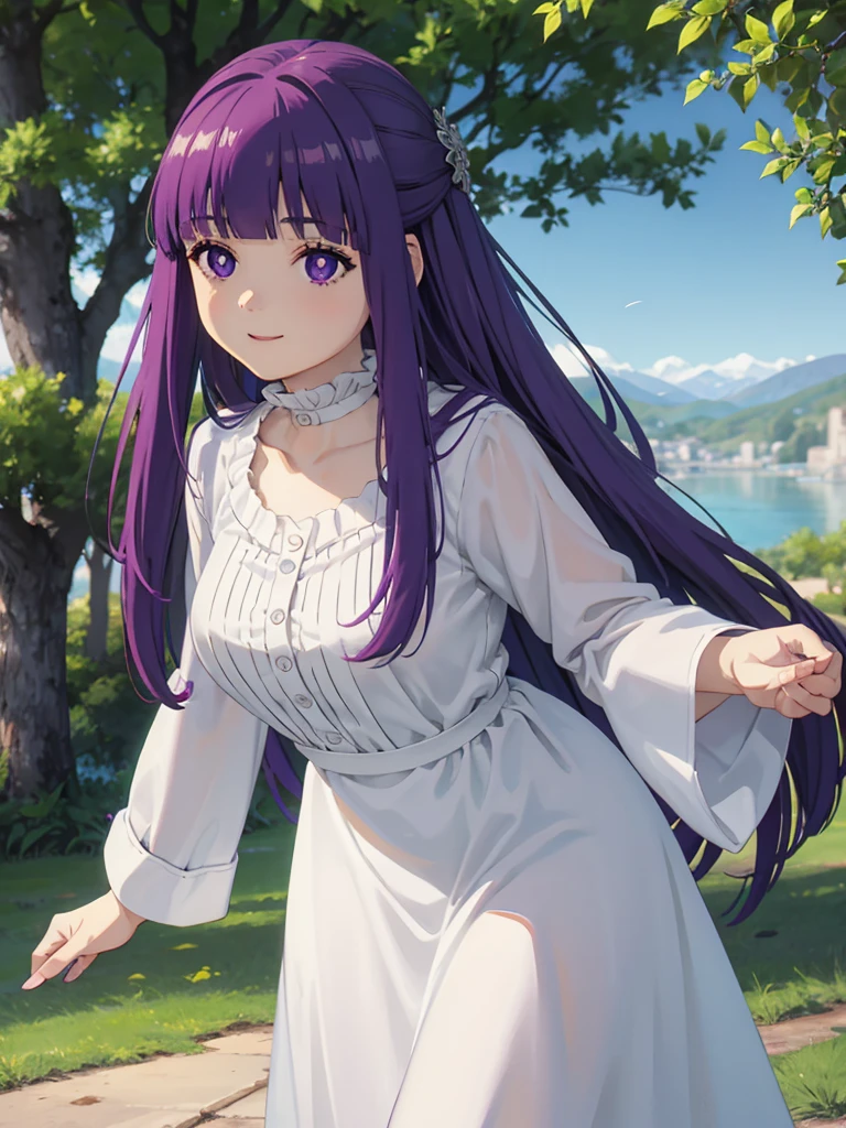 è²ä¼¦,1girl,solo,purple hair,long hair,purple eyes,blunt bangs,sidelocks,half updo,bright pupils, hair ornament,frilled collar,black robe,white dress,center frills,buttons,wide sleeves,long sleeves,curvy,cowboy shot,brown coat,from side,smile,, Exquisite visuals, high-definition,masterpiece,best quality,, 20yo,Young female,Beautiful Finger,Beautiful long legs,Beautiful body,Beautiful Nose,Beautiful character design, perfect eyes, perfect face,expressive eyes, looking at viewer, official art,extremely detailed CG unity 8k wallpaper, perfect lighting,Colorful, Bright_Front_face_Lighting,shiny skin, (masterpiece:1.0),(best_quality:1.0), ultra high res,4K,ultra-detailed, photography, 8K, HDR, highres, absurdres:1.2, Kodak portra 400, film grain, blurry background, bokeh:1.2, lens flare, (vibrant_color:1.2), (beautiful_face:1.5),(narrow_waist),