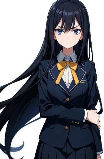 Photo from thigh to head、Front facing、Standing at the camera、One high school girl、sad look、Anxious expression、Timid look、Figure eight eyebrows、Praying with hands folded、Long black hair、Straight Hair、Blue Eyes、uniform、blazer、Pleated skirt、Slender figure、White background