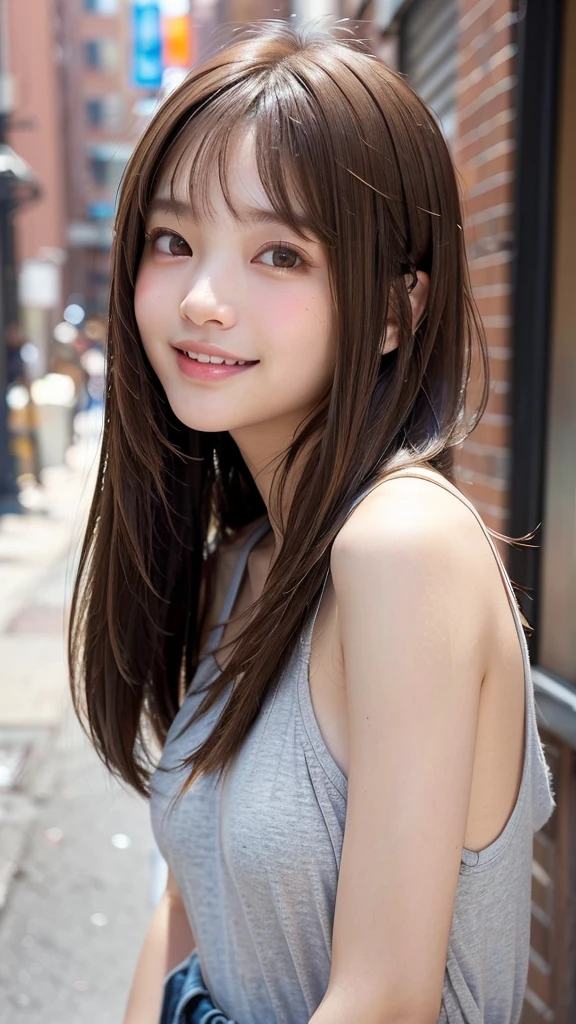 (((Face close-up)))、(((Brown straight hair)))、(((She is photographed with the backdrop of a New York alleyway、Posing like a model at a hair salon。.)))、(((She is wearing casual clothes suitable for early summer..。shoulders are hidden)))、(Natural laughter:1.25)、Half Japanese, Half Korean、18-year-old girl、Independent、I&#39;m looking forward to、Light eye makeup、Brown Hair Color、Flat 、Hair blowing in the wind、Quality of actress、Shiny, Ultra-realistic faces、smile、Watery eye、look up、Subtle lighting effects、 Ultra-Realistic Capture、Very detailed、High resolution 16k human skin closeup。Skin texture must be natural、The detail must be such that the pores are clearly visible.、skin is healthy、Even Tone、Use natural light and colour、Worn out, High quality photos taken by modeling agencies&#39;In-house photographer.、smile、(((Sigma 300mm F/1.4,1/1000 sec shutter,ISO400)))、The background is F value 1...4 is blurry
