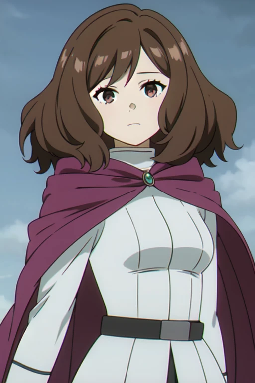 (((Best quality))),((Ultra-detailed)),((illustration)),((Disheveled hair)),((frilld)),(1 girl),(Solo), 1girl , bangs , belt , breasts , brown eyes , brown hair , cape , closed mouth , grey background , holding , long sleeves , looking at viewer , medium breasts , medium hair , red cape , shirt , short hair , skirt , solo , staff , upper body , white pupils ,