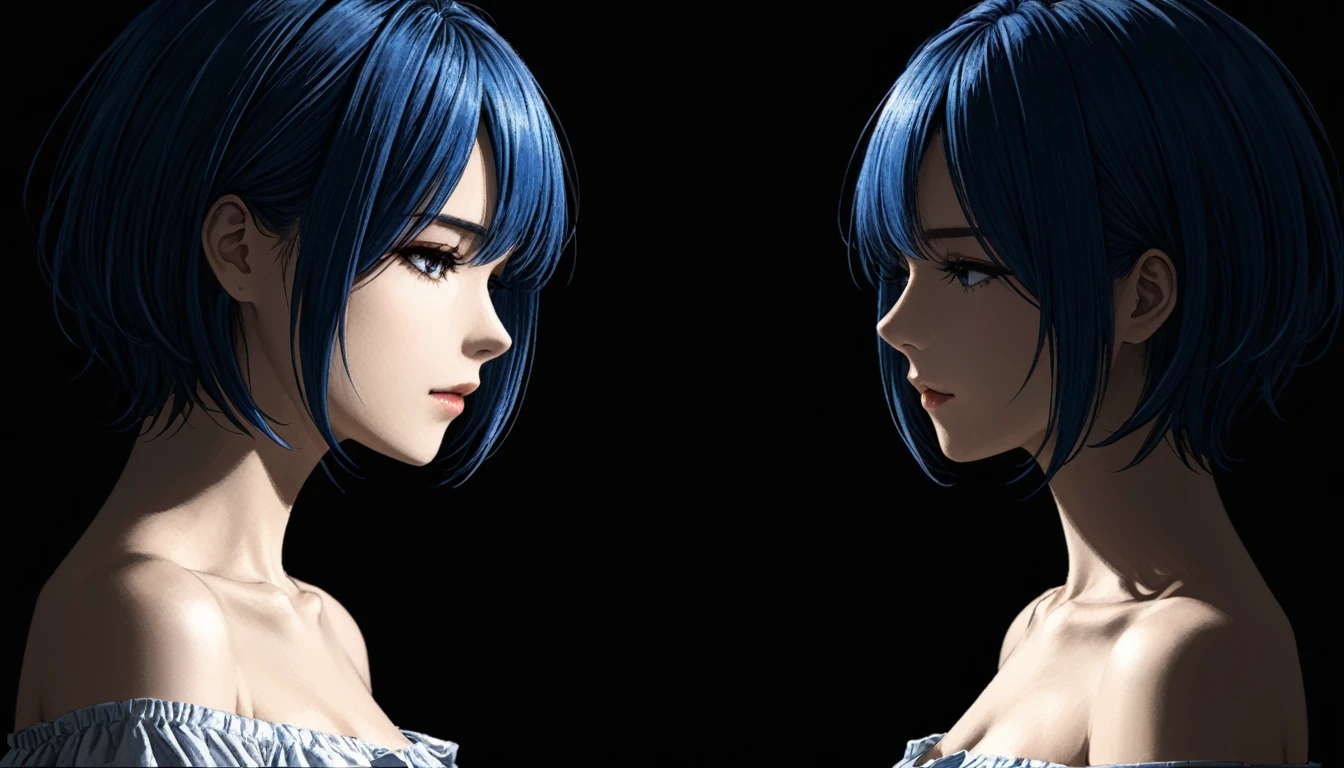 style of santiago caruso, 1 girl,(Neck tilt 90 degrees,Face Up),纯dark背景,Girl with short blue hair,Off-the-shoulder white T-shirt,clavicle,((((Turned)))),Oblique composition,Flowing short hair,真实shadow,Comic Style,dark中的顶光,bust,dark,shadow,