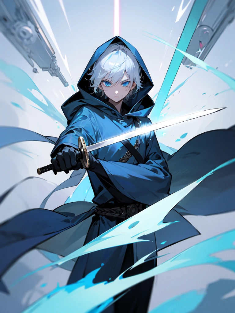 Sorcerer Divine Soul man, he has a silver hair and blue eyes, he wear a hood and wear gloves , hold sword with hand.