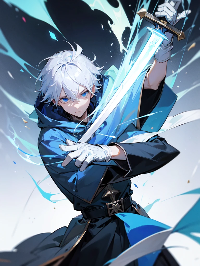 Sorcerer Divine Soul man, he has a silver hair and blue eyes, he wear a hood and wear gloves , hold sword with hand.
