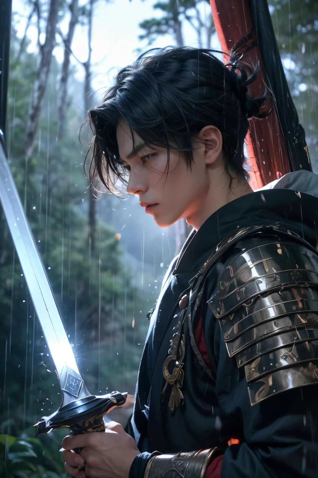 Upper body up. A handsome man holding a Japanese sword in his hand. The silver blade emits a dull light. He has a serious expression on his face. He wears Japanese-style armor, which is blue-black in color. He has black hair and is in his mid-twenties. He is in the mountains where it rains.