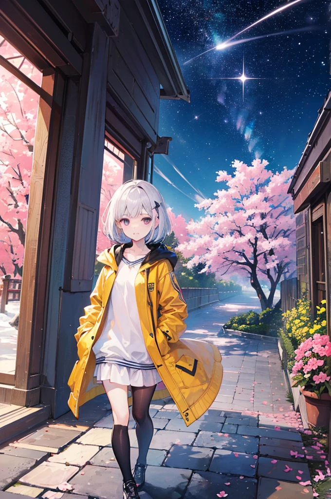 （Thousand Red Torii Gates）,（Cherry blossom trees）,coat,Put your hands in your pockets,(student, 18-year-old,beauty, Her short silver hair sways,Pale skin）,(Shine in the sky), Beautiful starry sky,There are puddles on the ground、The scenery is beautiful, Colorful flowers are blooming everywhere, I see the wind blowing and shining,(Highest quality)\(8k,非常に精細なCGユニットのwallpaper, masterpiece,High resolution,Highest quality,Highest quality real texture skin,Surreal,Increase the resolution,RAW Photos,Highest quality,Very detailed,wallpaper,Cinema Lighting,Ray Tracing,Golden Ratio\),Have a long-term perspective,Anatomically correct.