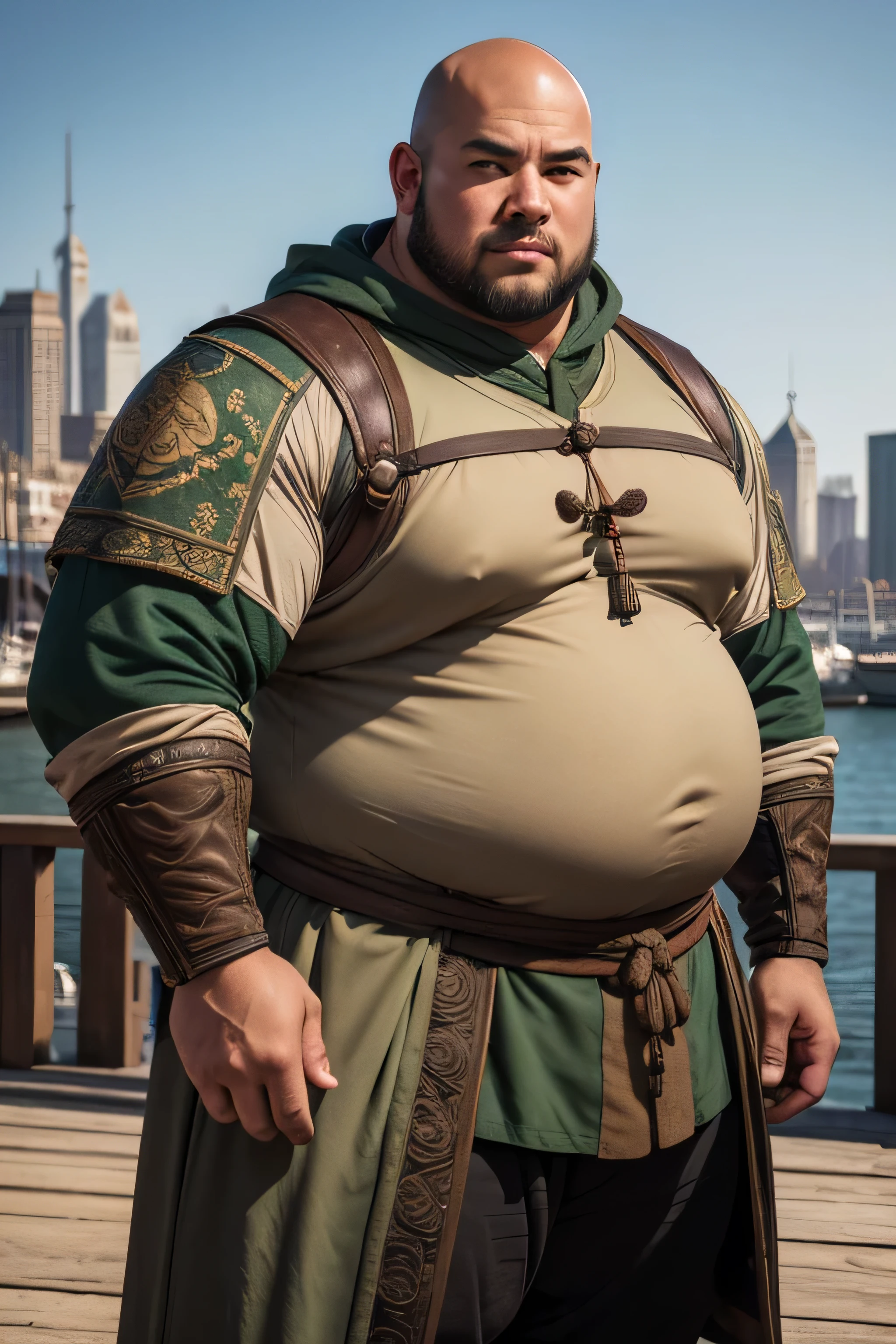 (8K, high definition, high quality, highly detailed) Handsome bald Chinese chub. obese. big tummy. muscular. hyper-masculine. wearing a hunter gear. medieval style. d & d style. green and brown color palette. standing on a high tower. seaport and market on the background below. blurred background. late afternoon.