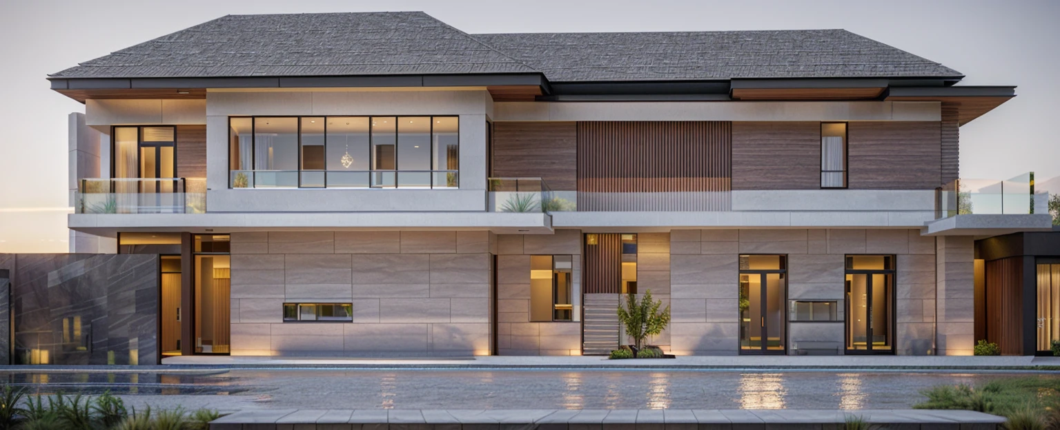 villa modern,night, Realistic, exterior, sunlight, house, RAW photo, 8k uhd, dslr,  (high detailed skin:1.3), soft lighting, ultra quality, film grain, Fujifilm XT3, sharp image, best quality, authentic, hight quality,