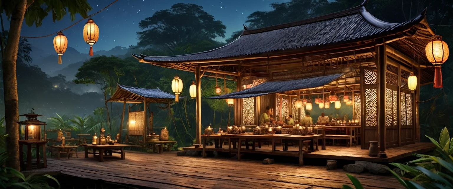 Create a realistic image of a traditional Siamese warung in 1890 at night. Show a rustic wooden structure with dim lighting from lanterns, simple wooden tables and benches, and various traditional items scattered around. The setting should feel cozy and inviting, with a background of dense jungle terrain. No people should be present. The style should resemble historical photographs with sharp details.