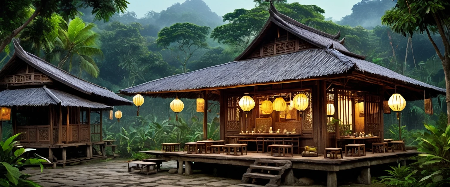 Create a realistic image of a traditional Siamese warung in 1890 at night. Show a rustic wooden structure with dim lighting from lanterns, simple wooden tables and benches, and various traditional items scattered around. The setting should feel cozy and inviting, with a background of dense jungle terrain. No people should be present. The style should resemble historical photographs with sharp details.