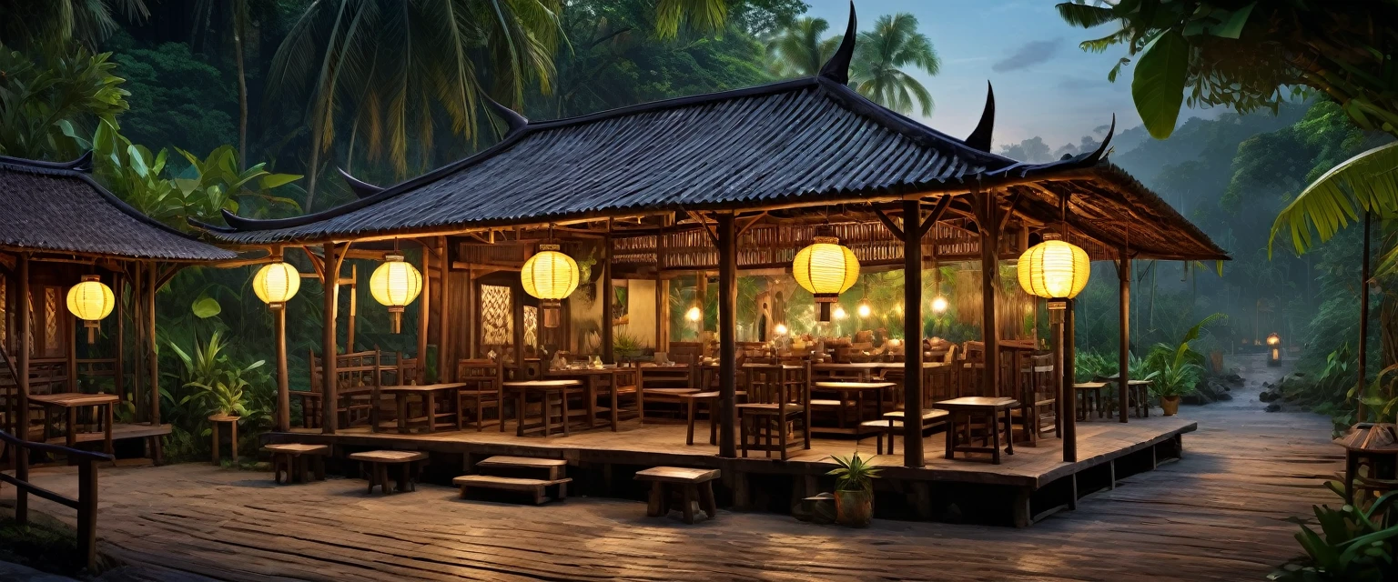 Create a realistic image of a traditional Siamese warung in 1890 at night. Show a rustic wooden structure with dim lighting from lanterns, simple wooden tables and benches, and various traditional items scattered around. The setting should feel cozy and inviting, with a background of dense jungle terrain. No people should be present. The style should resemble historical photographs with sharp details.