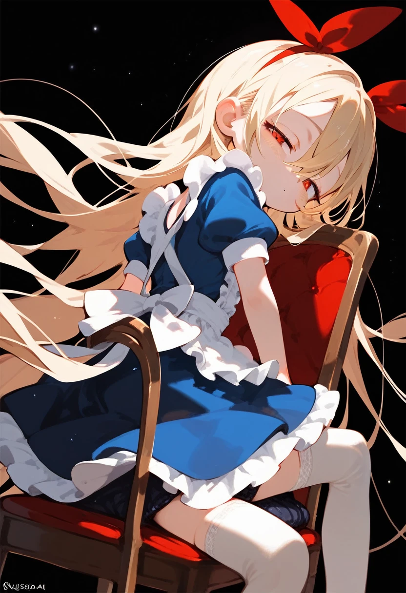 looking at viewer,half-closed eyes,(best quality:1.2),(very aesthetic:1.2),(detailed:1.2),(masterpiece:1.2),(highres),(black background),solo,1girl,(mesugaki:1.3),(female ,li),(very long hair:1.3),(red eyes),(straddling the chair:1.3),hair between eyes,slender,blonde hair,pale skin,alicecos, thighhighs,legwear,hair ribbon, blue dress,short sleeves, frills apron, puffy short sleeves