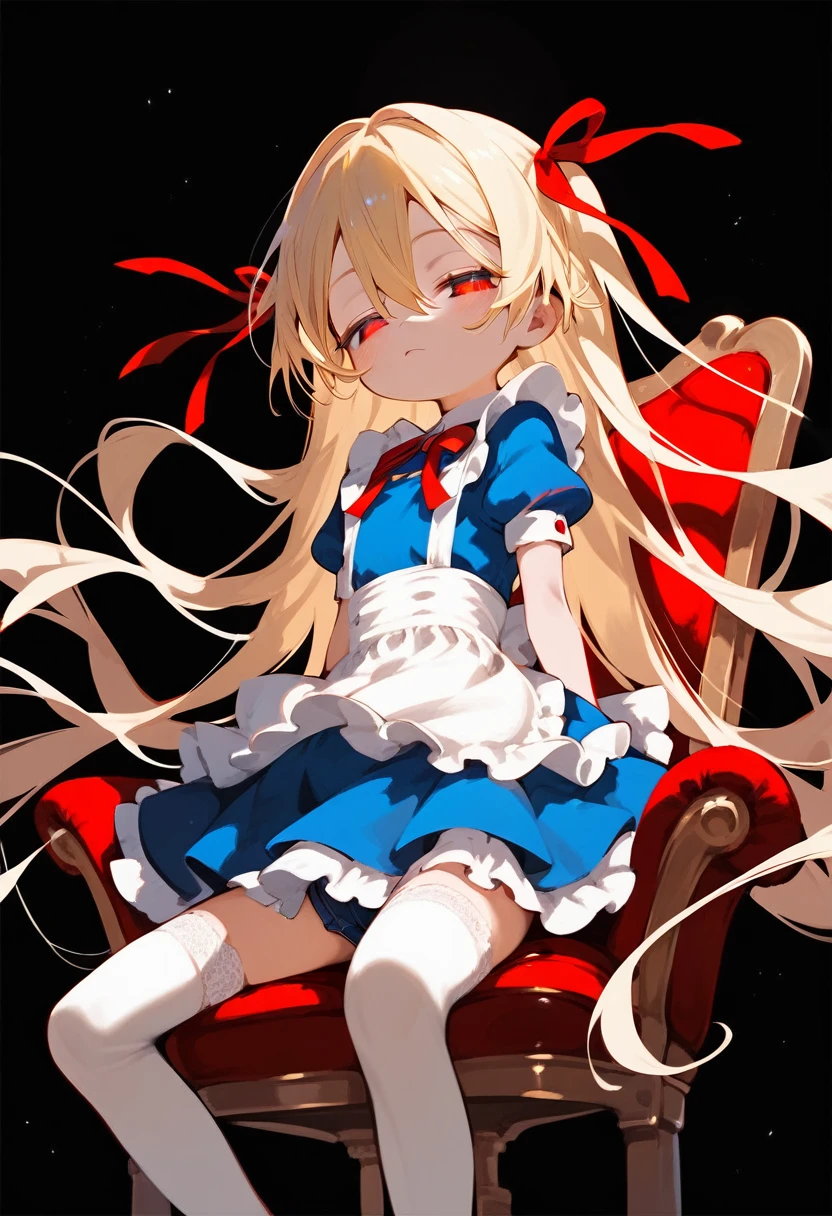 looking at viewer,half-closed eyes,(best quality:1.2),(very aesthetic:1.2),(detailed:1.2),(masterpiece:1.2),(highres),(black background),solo,1girl,(mesugaki:1.3),(female ,),(very long hair:1.3),(red eyes),(straddling the chair:1.3),hair between eyes,slender,blonde hair,pale skin,alicecos, thighhighs,legwear,hair ribbon, blue dress,short sleeves, frills apron, puffy short sleeves