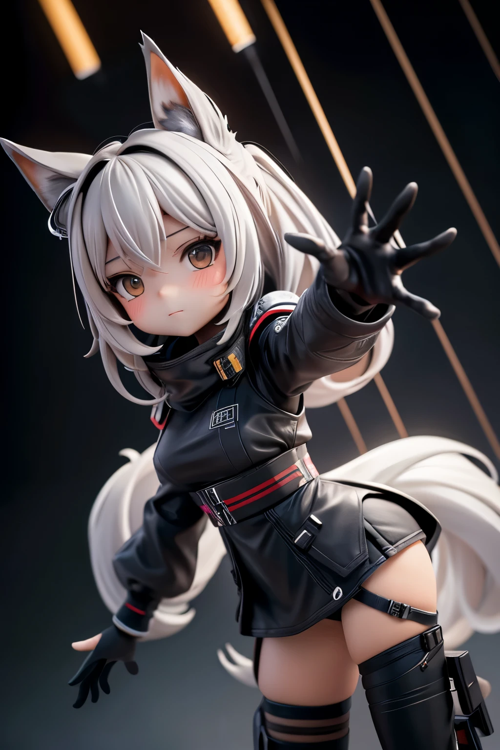 1girl, amiya \(arknights\), arknights, dirty face, outstretched hand, close-up, cinematic angle, foreshortening, dark, dark background, masterpiece, best quality