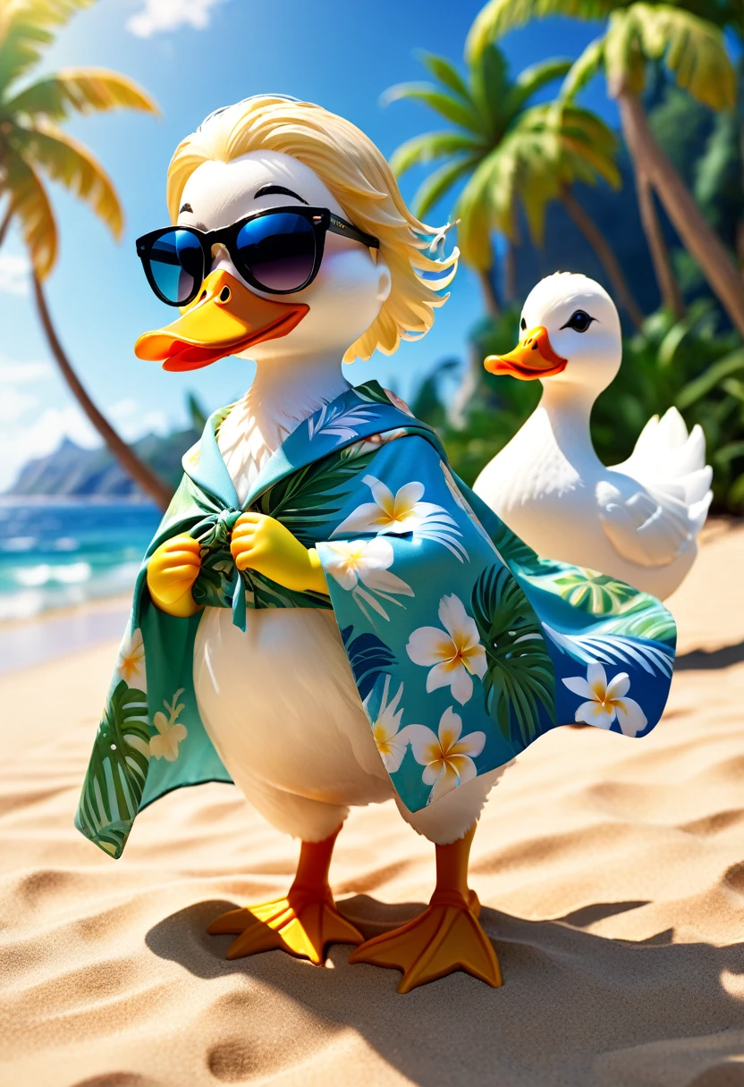 Esbian all over body、Cool white duck、Pop White Duck、Diorama、Simple Background、sunglasses、Aloha Shirt、tropical、Beach Background、Cape、Best Quality, Capture the cutest moments, Depth of written boundary, Super detailed, Ultra-high resolution, Octadale, 8k, 16km race
