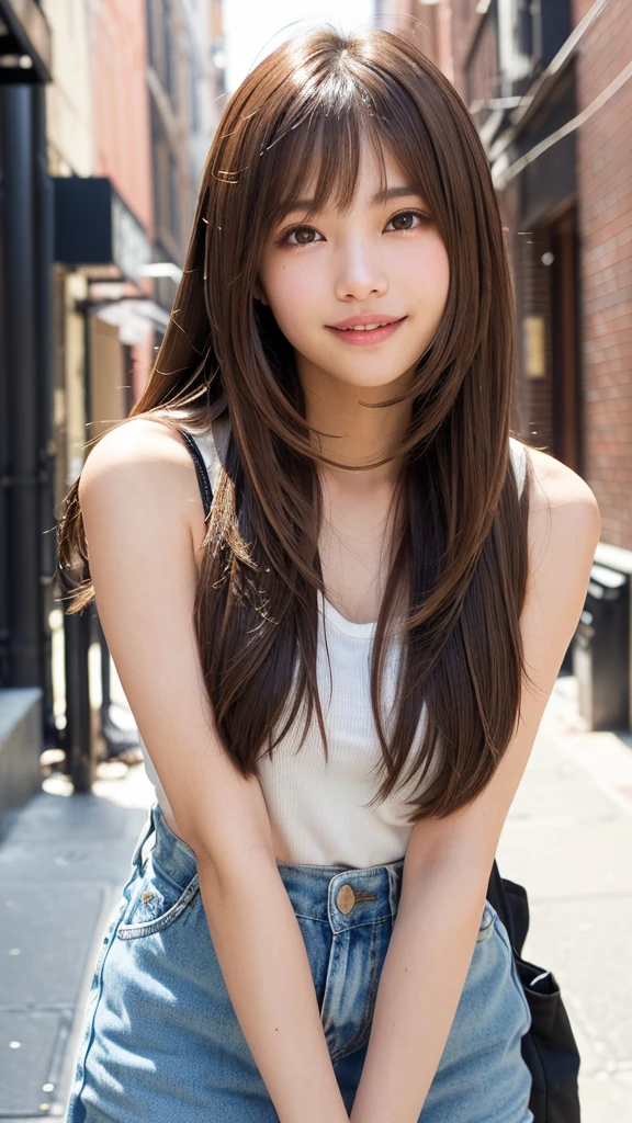 (((Face close-up)))、(((Brown straight hair)))、(((She is photographed with the backdrop of a New York alleyway、Posing like a model at a hair salon。.)))、(((She is wearing casual clothes suitable for early summer..。shoulders are hidden)))、(Natural laughter:1.25)、Half Japanese, Half Korean、18-year-old girl、Independent、I'm looking forward to、Light eye makeup、Brown Hair Color、Flat 、Hair blowing in the wind、Quality of actress、Shiny, Ultra-realistic faces、smile、Watery eye、look up、Subtle lighting effects、 Ultra-Realistic Capture、Very detailed、High resolution 16k human skin closeup。Skin texture must be natural、The detail must be such that the pores are clearly visible.、skin is healthy、Even Tone、Use natural light and colour、Worn out, High quality photos taken by modeling agencies'In-house photographer.、smile、(((Sigma 300mm F/1.4,1/1000 sec shutter,ISO400)))、The background is F value 1...4 is blurry