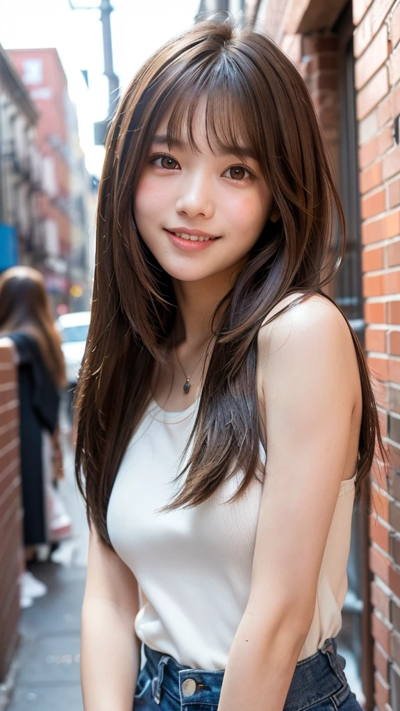 (((Face close-up)))、(((Brown straight hair)))、(((She is photographed with the backdrop of a New York alleyway、Posing like a model at a hair salon。.)))、(((She is wearing casual clothes suitable for early summer..。shoulders are hidden)))、(Natural laughter:1.25)、Half Japanese, Half Korean、18-year-old girl、Independent、I&#39;m looking forward to、Light eye makeup、Brown Hair Color、Flat 、Hair blowing in the wind、Quality of actress、Shiny, Ultra-realistic faces、smile、Watery eye、look up、Subtle lighting effects、 Ultra-Realistic Capture、Very detailed、High resolution 16k human skin closeup。Skin texture must be natural、The detail must be such that the pores are clearly visible.、skin is healthy、Even Tone、Use natural light and colour、Worn out, High quality photos taken by modeling agencies&#39;In-house photographer.、smile、(((Sigma 300mm F/1.4,1/1000 sec shutter,ISO400)))、The background is F value 1...4 is blurry