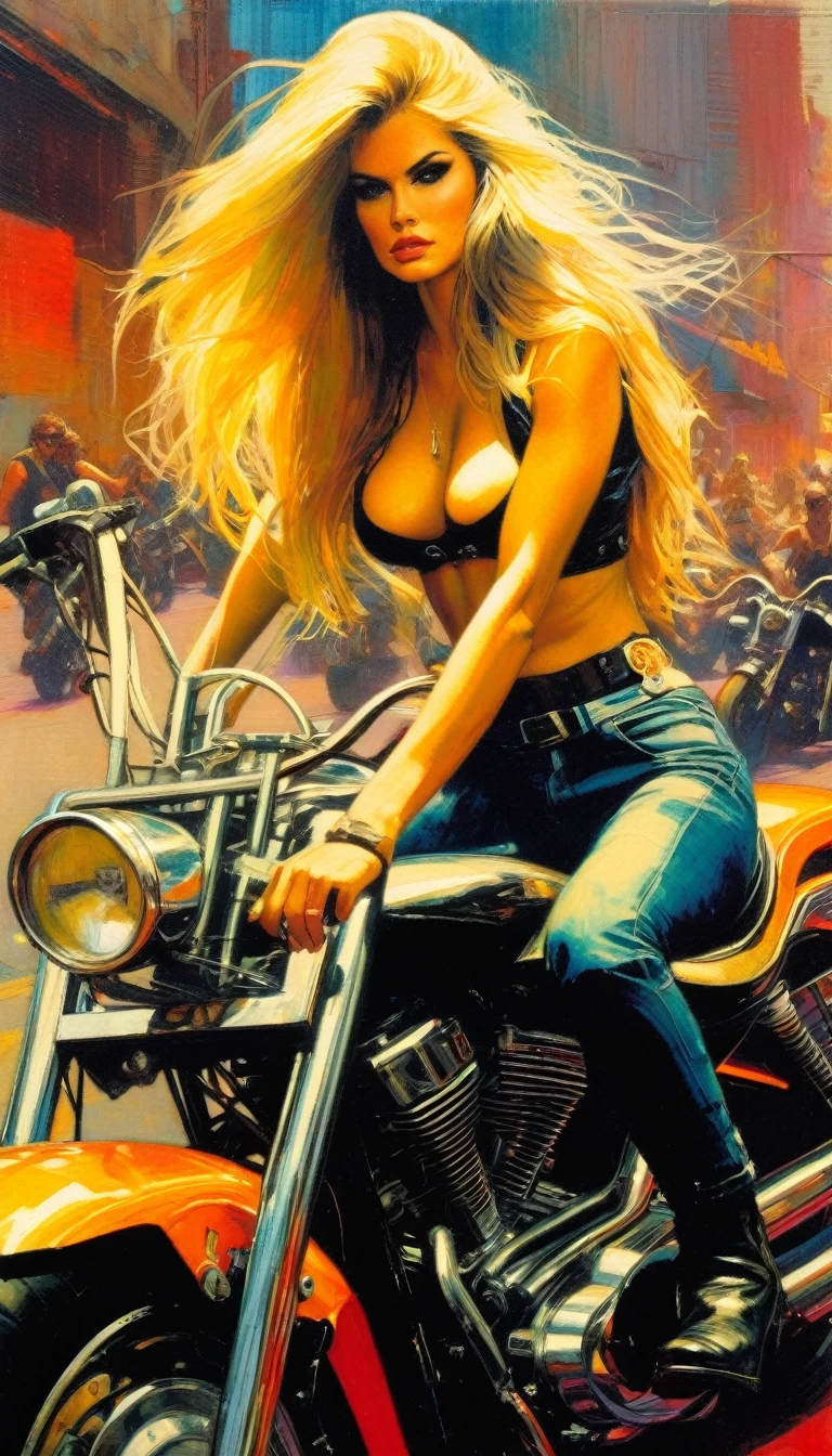 blonde girl with long hair, small breasts, biker, radical girl, sexy posing on a motorcycle, (art inspired by Bill Sienkiewicz). oil painting)