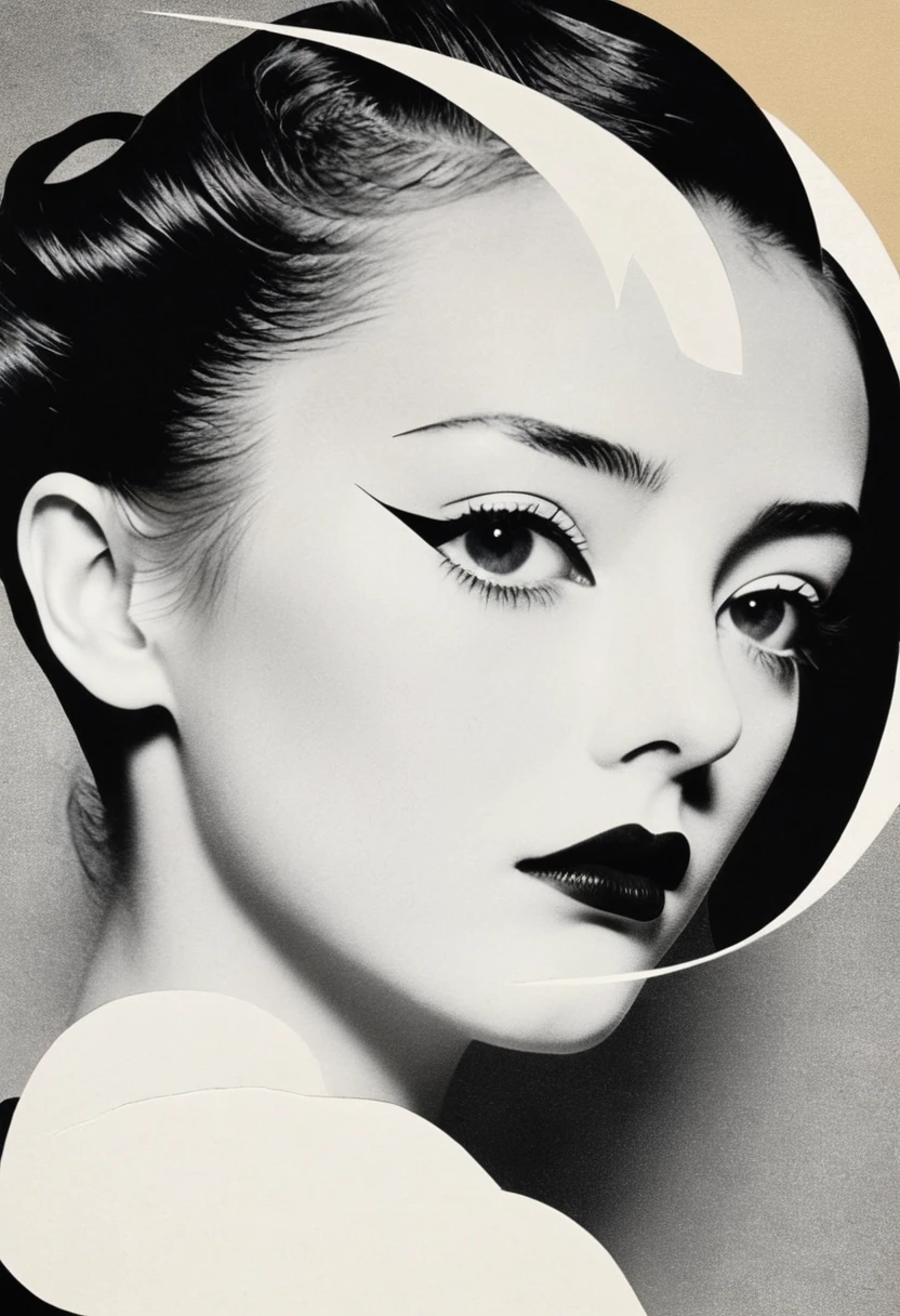 Man Ray：dadaist。Minimalist geometry，Multi-layer collage，Irregularly cropped photos to create a collage，Beautiful woman, Delicate face, Delicate eyes, Yin Yang Hairstyle
