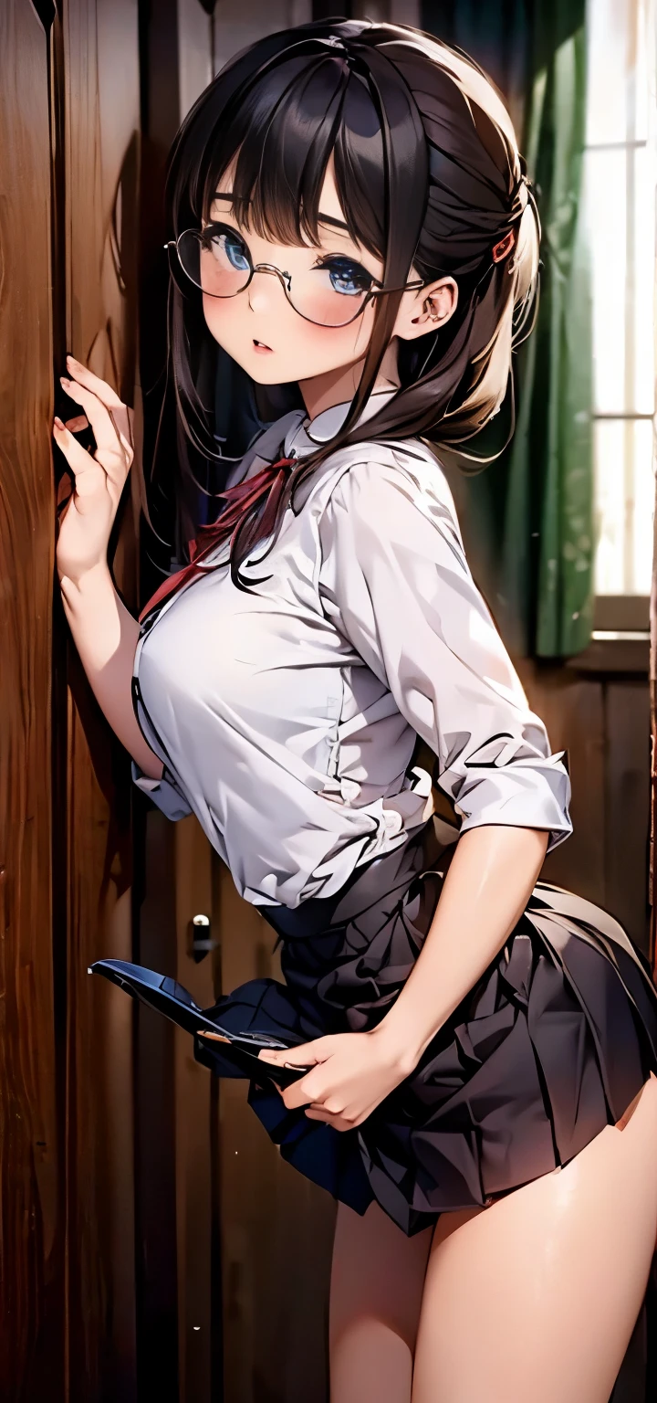 best quality,1girl,((big breasts:1.3)),((orgasm,blush,sweat,steam, red eyes,clenched teeth:1.3)),Shiranui Mizuki, hair ribbon, ((long hair, low twintail:1.3)), ((school uniform,white shirt, open shirt,short sleeves, pleated skirt, blue skirt, black thighhighs,mini skirt,lift skirt,upskirt,black panties,lace panties:1.3)),crowd,((bound arms,arms behind back:1.5)),((Wooden horse bdsm)),nipples,see through,pussy juice