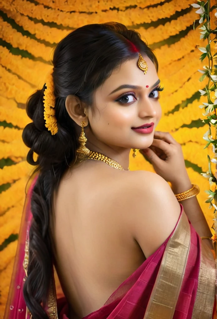 (best quality,4k,8k,highres,masterpiece:1.2),ultra-detailed,(realistic,photorealistic,photo-realistic:1.37),hot kerala girl in studio,20 years old,sexy wedding saree,firm breast,sexy ass,hourglass figure,slim body, honeymoon mood,sexy eyes,beautiful detailed lips,longeyelashes,medium breast,fit body,vivid colors,studio lighting,sharp focus,physically-based rendering,ultra-fine painting,professional,palette of warm tones,hints of gold,soft and sensual lighting