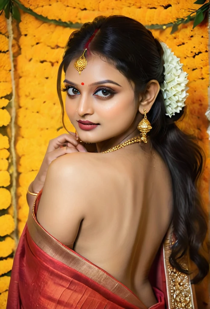 (best quality,4k,8k,highres,masterpiece:1.2),ultra-detailed,(realistic,photorealistic,photo-realistic:1.37),hot kerala girl in studio,20 years old,sexy wedding saree,firm breast,sexy ass,hourglass figure,slim body, honeymoon mood,sexy eyes,beautiful detailed lips,longeyelashes,medium breast,fit body,vivid colors,studio lighting,sharp focus,physically-based rendering,ultra-fine painting,professional,palette of warm tones,hints of gold,soft and sensual lighting