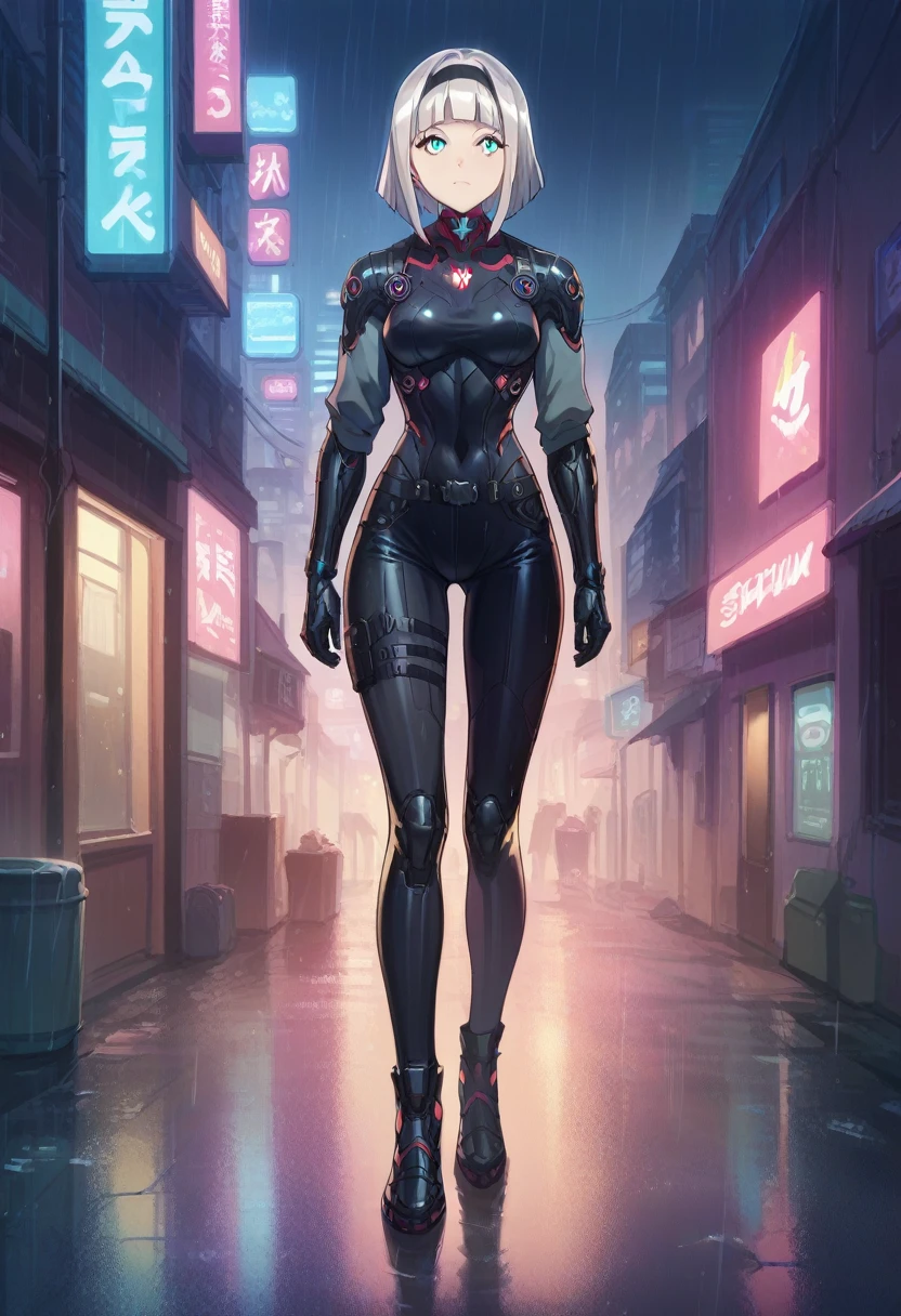 Anna nishikinomiya with the same female body but only with armor that covers her entire cyberpunk body, has a (black robotic armor)Black cyborg, from torso to feet, whole body  (slim), in a raining alley of a cyberpunk city 