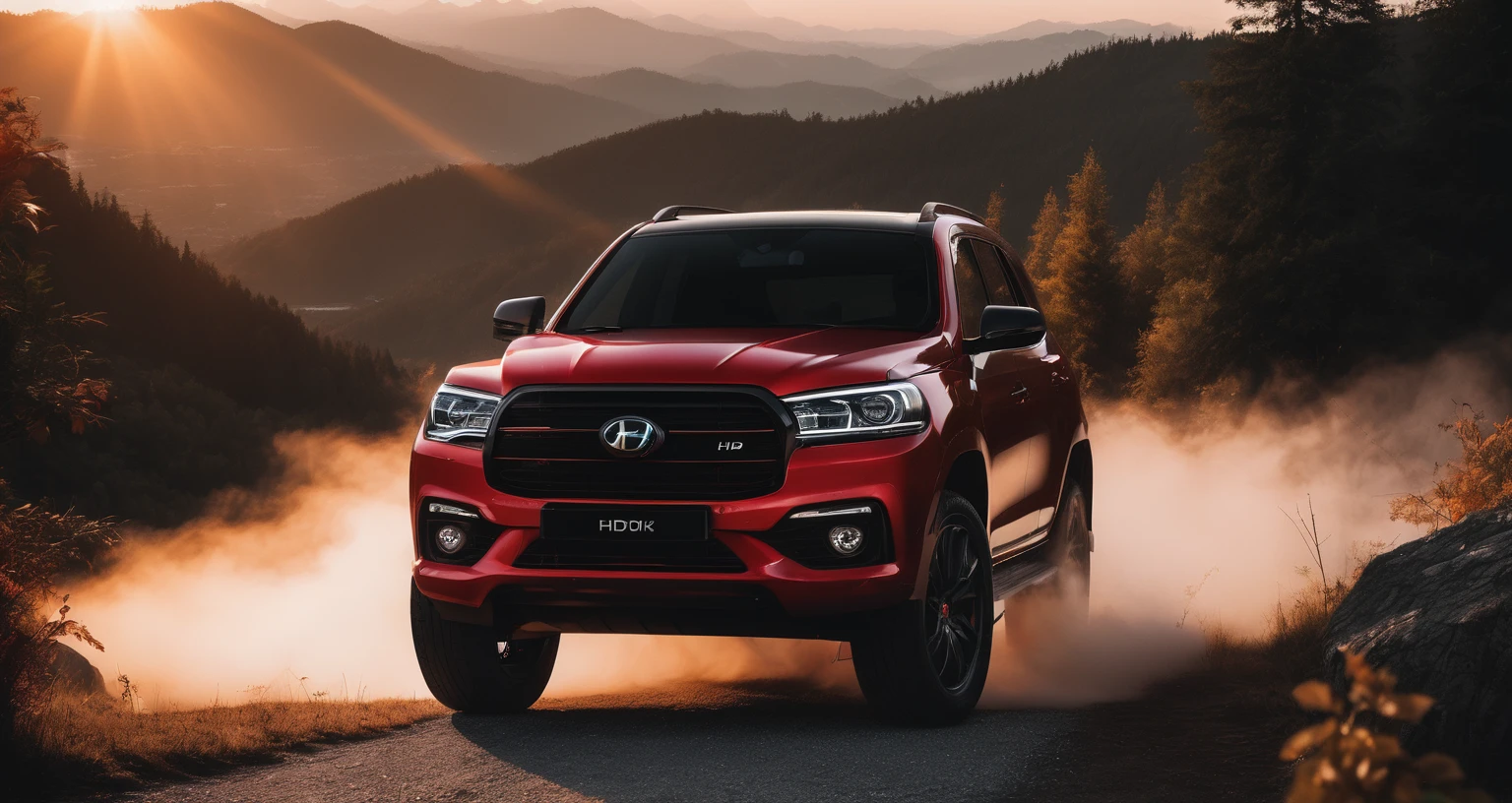 SUV Photos，A red SUV is on the right side of the photo.，Car side，amazing，Drive on the highway，Showing speed and passion，Red photos，detail强化，blur background/Bokeh，Bright with natural light，Ray Tracing，Sunset sky，forest，Hill in the distance，Highly detailed environments，Low depth of field，HD，detail，8k，lens flare，Sunlight,