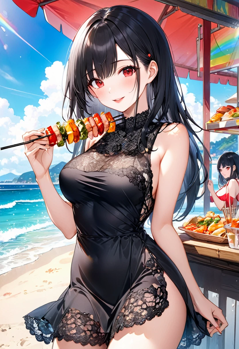 (eating style), (solo:2, 18 yo, straight black hair long hair cool sexy girl, cool beauty red eyes, happy smile, glossy lip, sexy big tits), (hand holding big Meat skewers, eating it), (in a black summer lace one piece dress), break, in the Beach food stalls, background Double Exposure beautiful ocean and beautiful rainbow, BREAK, perfect anatomy, masterpiece, best quality, 16k, beautiful detailed love, sexy, daydreaming expression.